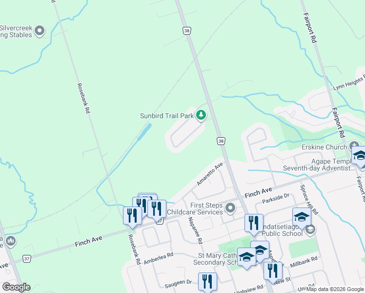 map of restaurants, bars, coffee shops, grocery stores, and more near 679 Sunbird Trail in Pickering
