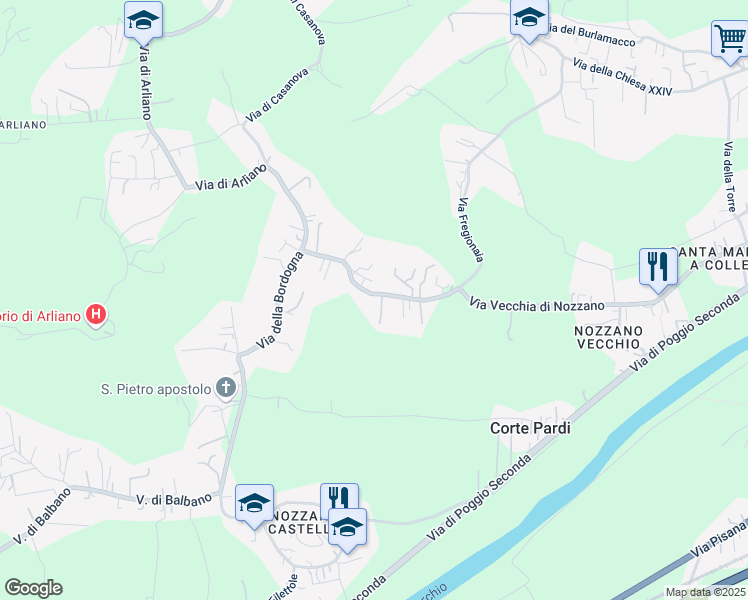 map of restaurants, bars, coffee shops, grocery stores, and more near 347 Via della Bordogna in Lucca