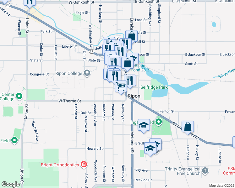 map of restaurants, bars, coffee shops, grocery stores, and more near 133 East Fond Du Lac Street in Ripon
