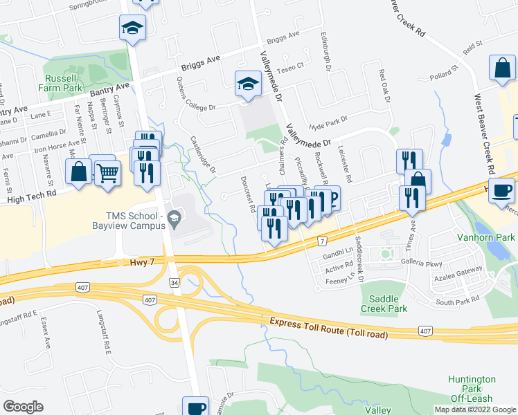 map of restaurants, bars, coffee shops, grocery stores, and more near 33 Doncrest Road in Richmond Hill