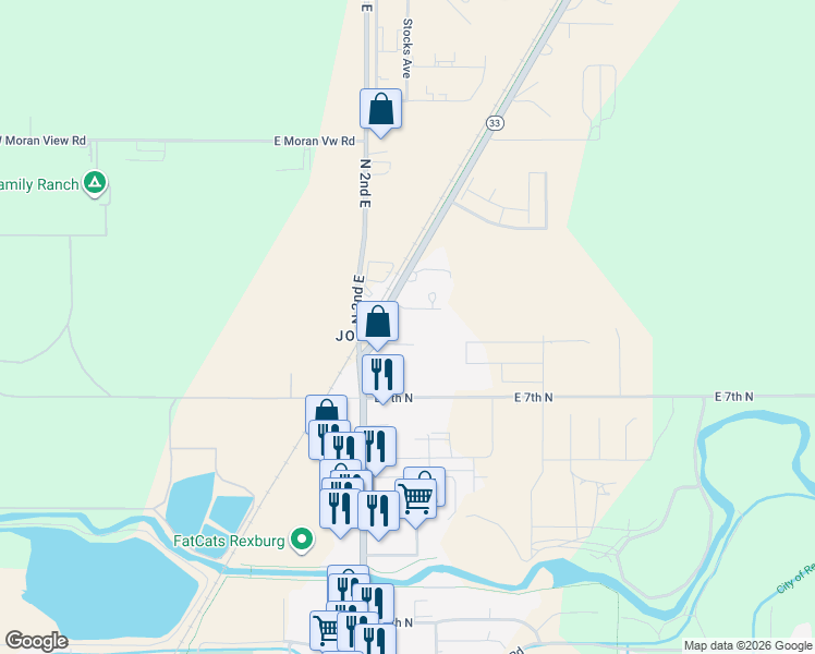 map of restaurants, bars, coffee shops, grocery stores, and more near 249 American Street in Rexburg