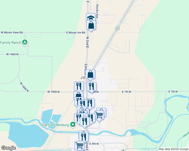 map of restaurants, bars, coffee shops, grocery stores, and more near 249 American Street in Rexburg