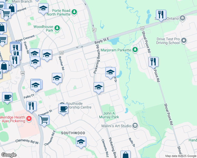 map of restaurants, bars, coffee shops, grocery stores, and more near in Ajax