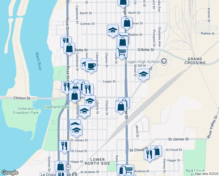 map of restaurants, bars, coffee shops, grocery stores, and more near 1322 Charles Street in La Crosse