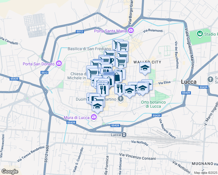 map of restaurants, bars, coffee shops, grocery stores, and more near 8 Piazza Bernardini in Lucca