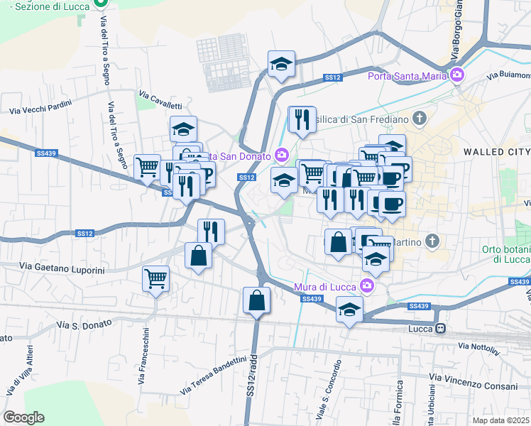 map of restaurants, bars, coffee shops, grocery stores, and more near Via Giovanni Pascoli in Lucca