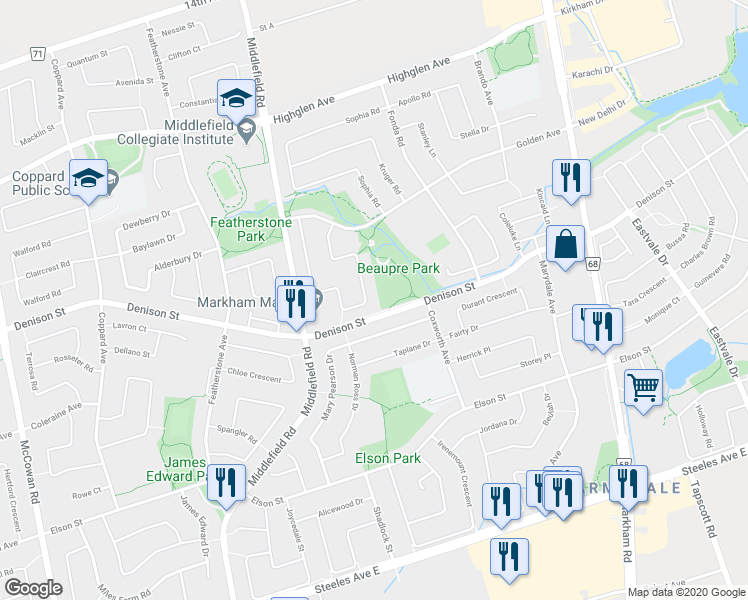 map of restaurants, bars, coffee shops, grocery stores, and more near 210 Doubtfire Crescent in Markham