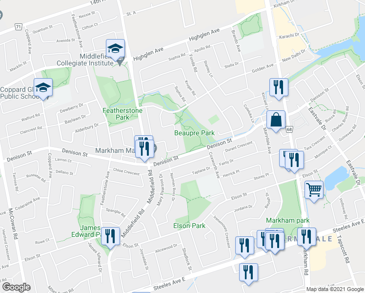 map of restaurants, bars, coffee shops, grocery stores, and more near 210 Doubtfire Crescent in Markham