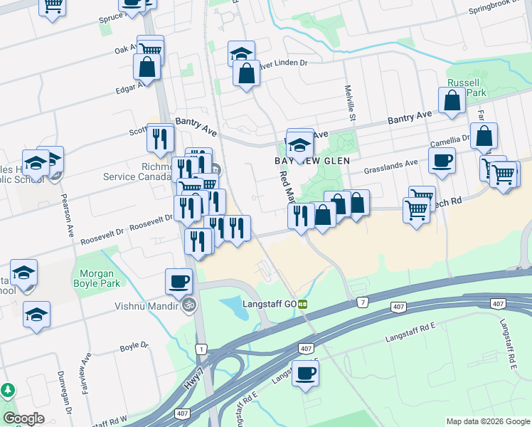 map of restaurants, bars, coffee shops, grocery stores, and more near 37 Oneida Crescent in Richmond Hill