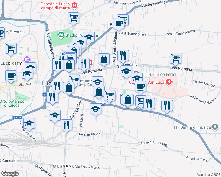 map of restaurants, bars, coffee shops, grocery stores, and more near 203 Via Giovanni Carignani in Lucca