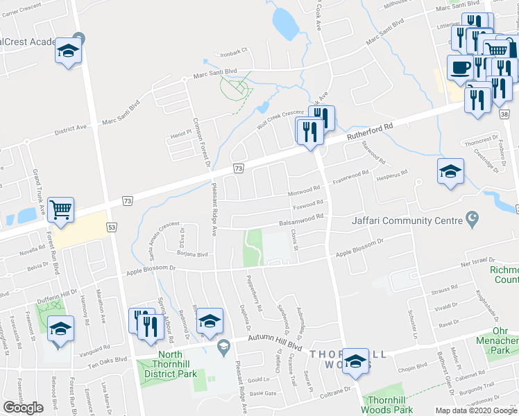 map of restaurants, bars, coffee shops, grocery stores, and more near in Vaughan