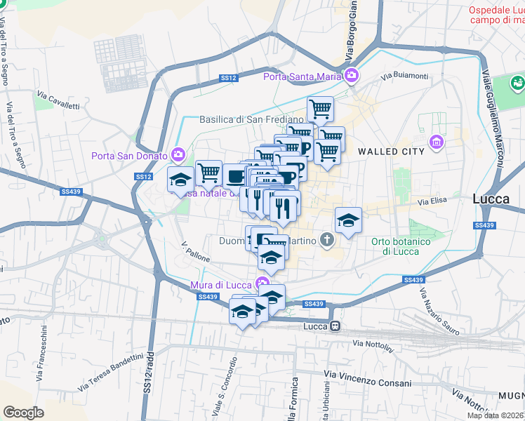 map of restaurants, bars, coffee shops, grocery stores, and more near 10 Corte Campana in Lucca