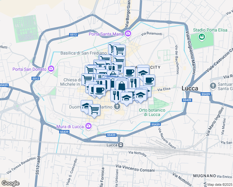 map of restaurants, bars, coffee shops, grocery stores, and more near 17 Via San Donnino in Lucca