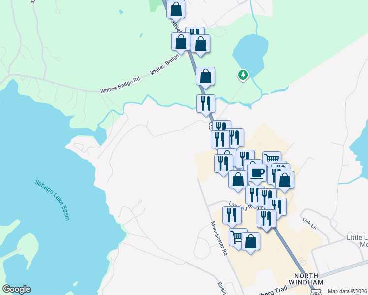 map of restaurants, bars, coffee shops, grocery stores, and more near 34 Trails End Road in Windham