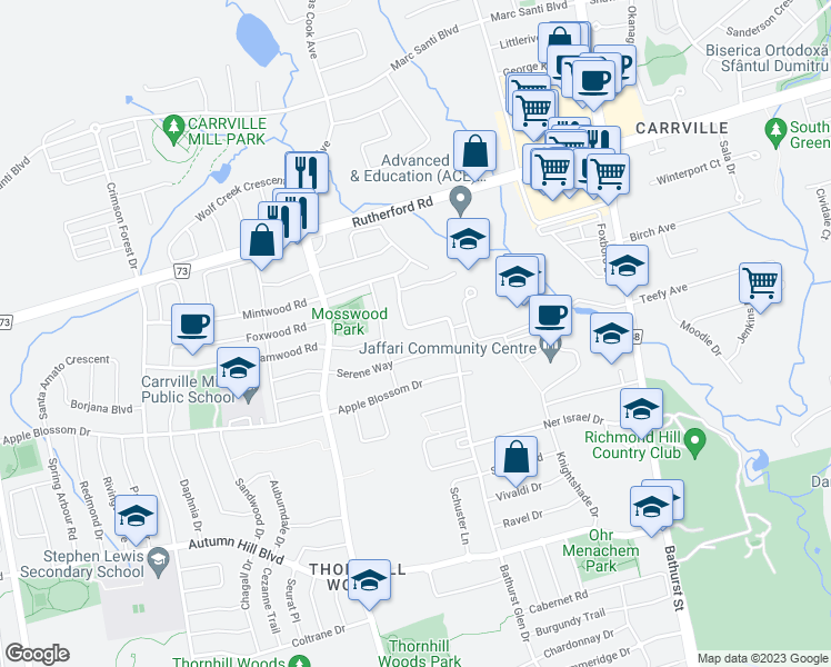 map of restaurants, bars, coffee shops, grocery stores, and more near 82 Hesperus Road in Vaughan