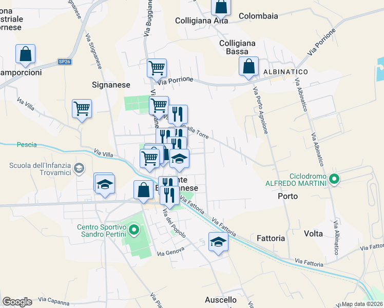 map of restaurants, bars, coffee shops, grocery stores, and more near Via Arrigo Boito in Ponte Buggianese