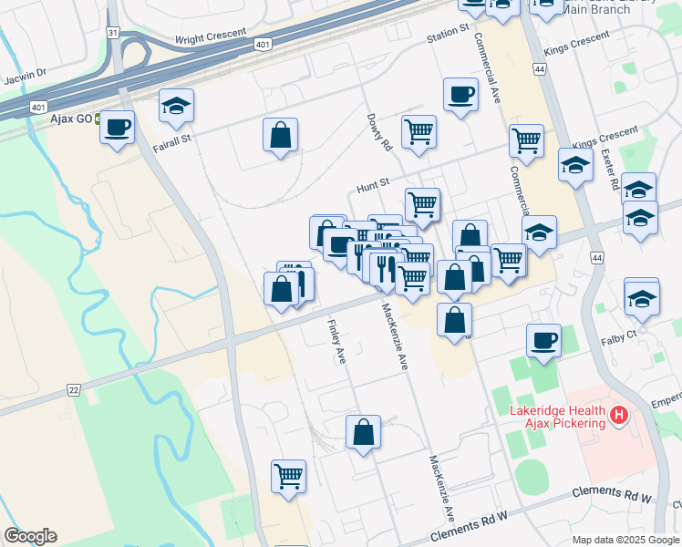 map of restaurants, bars, coffee shops, grocery stores, and more near 274 Mackenzie Avenue in Ajax