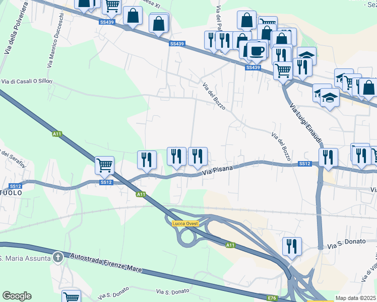 map of restaurants, bars, coffee shops, grocery stores, and more near 88 Via Chiesa XVIII in Lucca