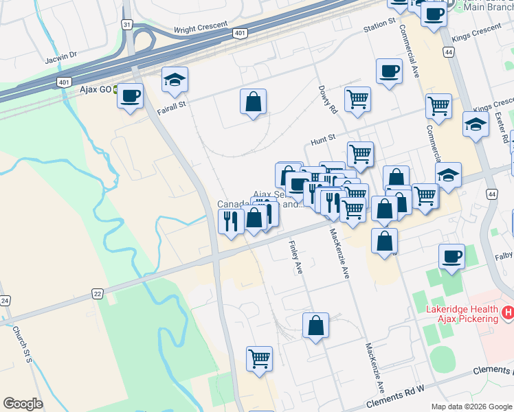 map of restaurants, bars, coffee shops, grocery stores, and more near in Ajax