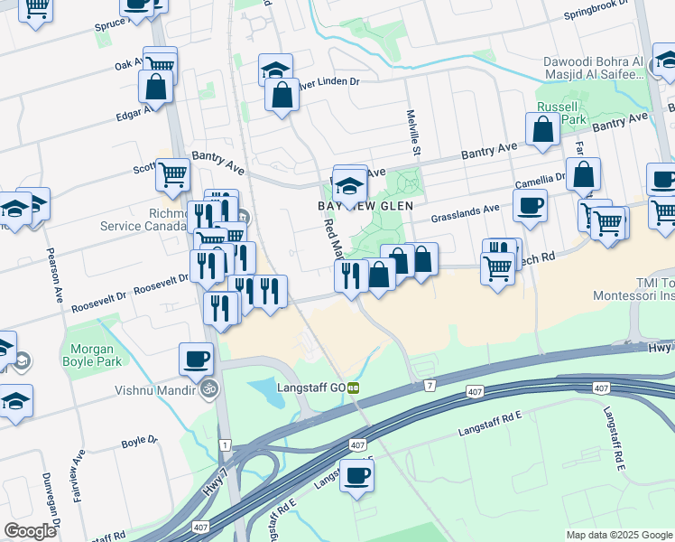 map of restaurants, bars, coffee shops, grocery stores, and more near 11 Oneida Crescent in Richmond Hill