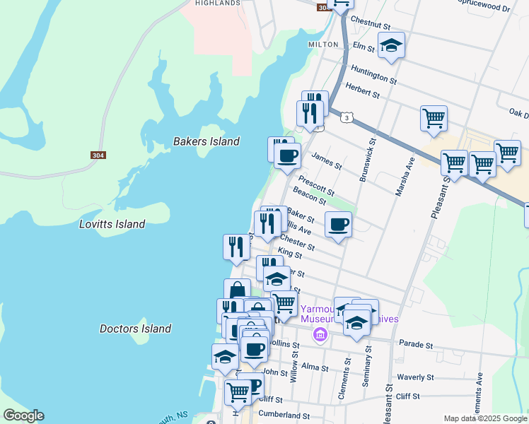 map of restaurants, bars, coffee shops, grocery stores, and more near 167 Water Street in Yarmouth
