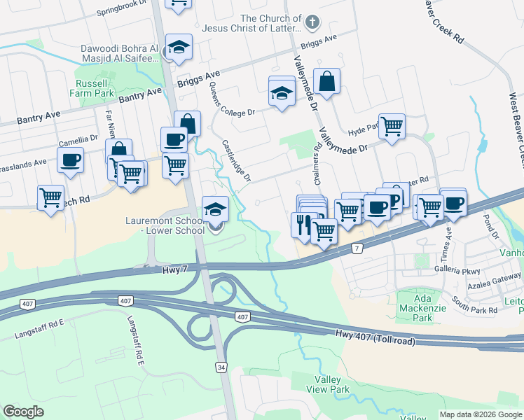 map of restaurants, bars, coffee shops, grocery stores, and more near 11 Palace Court in Richmond Hill