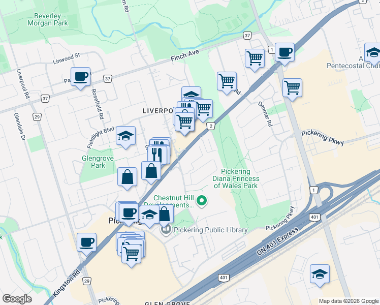 map of restaurants, bars, coffee shops, grocery stores, and more near 1525 Kingston Road in Pickering