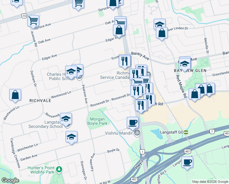 map of restaurants, bars, coffee shops, grocery stores, and more near 21 Sunnywood Crescent in Richmond Hill