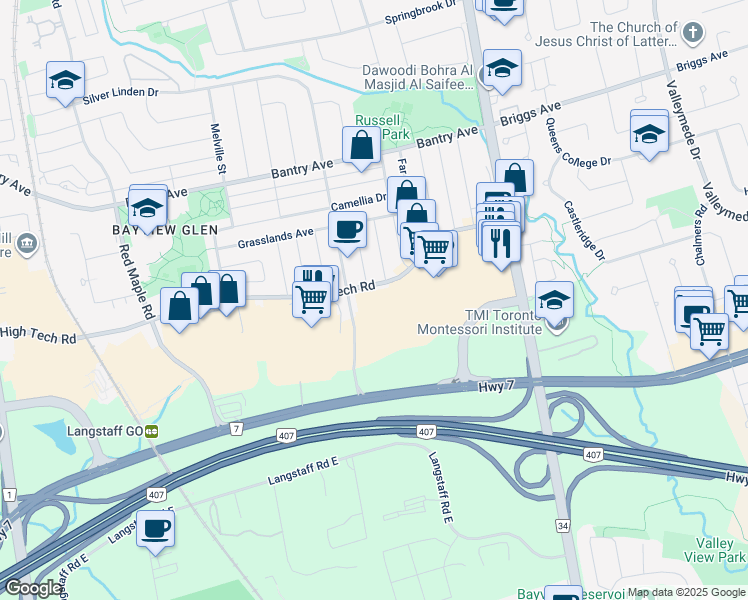 map of restaurants, bars, coffee shops, grocery stores, and more near 250 Silver Linden Drive in Richmond Hill