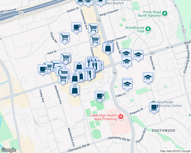 map of restaurants, bars, coffee shops, grocery stores, and more near 105 Bayly Street West in Ajax