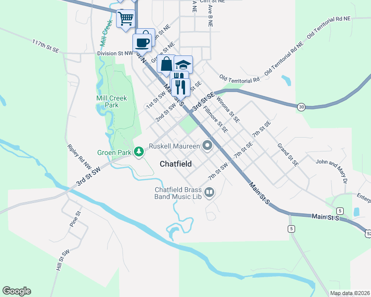 map of restaurants, bars, coffee shops, grocery stores, and more near 420 Bench Street Southwest in Chatfield