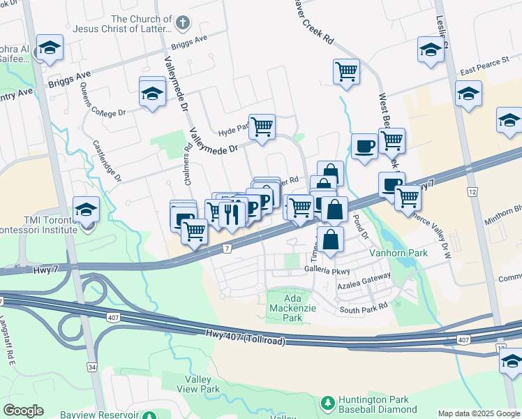 map of restaurants, bars, coffee shops, grocery stores, and more near in Regional Municipality of York