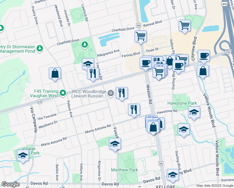 map of restaurants, bars, coffee shops, grocery stores, and more near 49 Foxbridge Way in Vaughan
