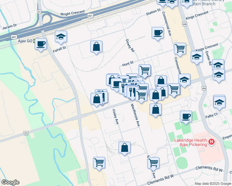 map of restaurants, bars, coffee shops, grocery stores, and more near 274 Mackenzie Avenue in Ajax