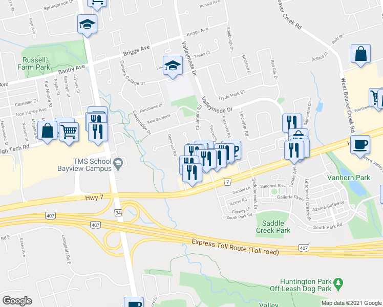map of restaurants, bars, coffee shops, grocery stores, and more near Laser Court in Richmond Hill