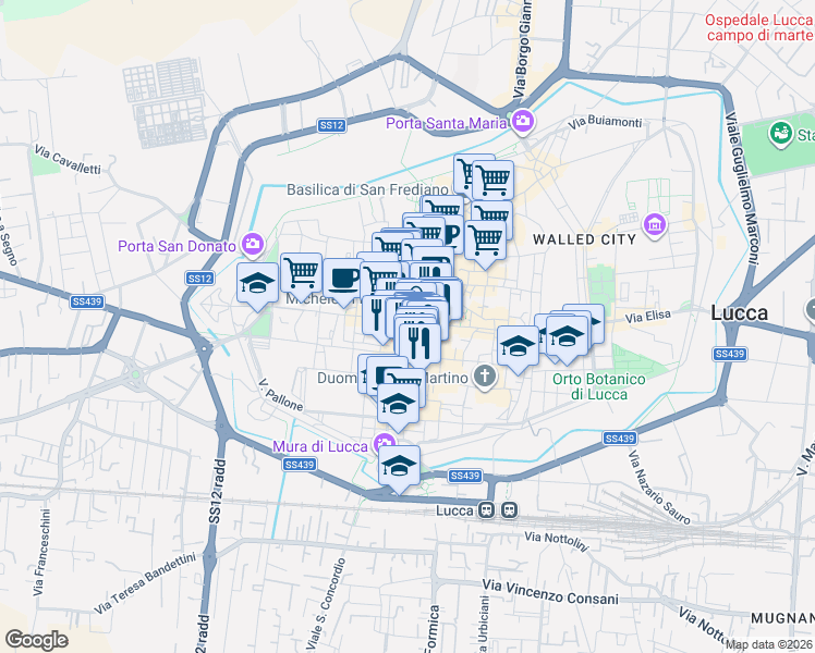 map of restaurants, bars, coffee shops, grocery stores, and more near 18 Via Roma in Lucca
