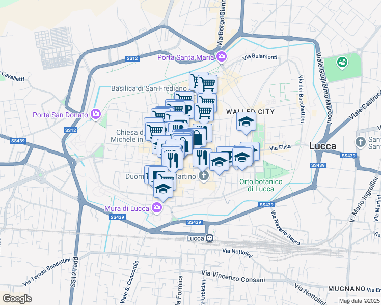 map of restaurants, bars, coffee shops, grocery stores, and more near 8 Piazza Bernardini in Lucca