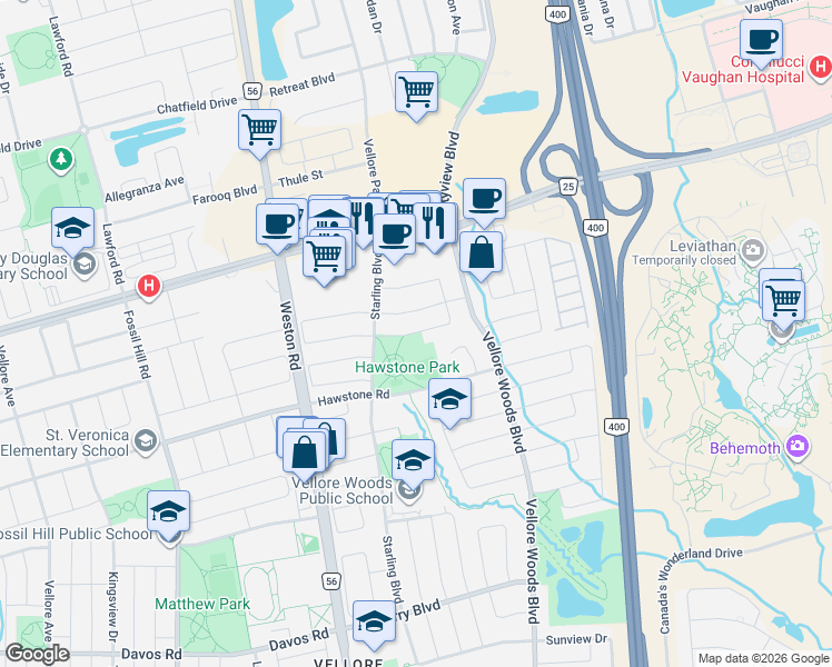 map of restaurants, bars, coffee shops, grocery stores, and more near Doe Trail in Vaughan