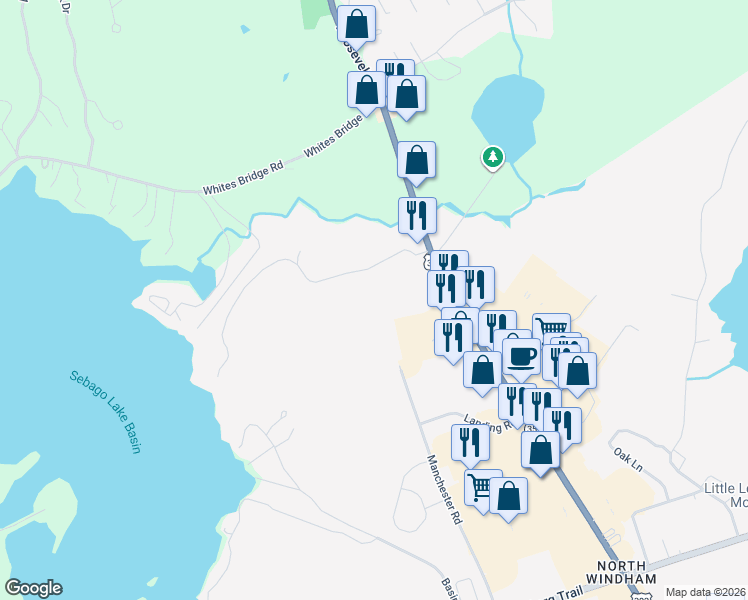 map of restaurants, bars, coffee shops, grocery stores, and more near 34 Trails End Road in Windham