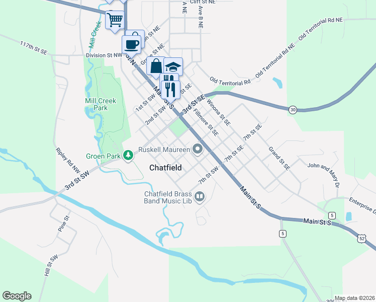 map of restaurants, bars, coffee shops, grocery stores, and more near 103 5th Street Southwest in Chatfield