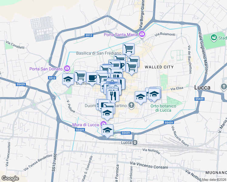 map of restaurants, bars, coffee shops, grocery stores, and more near 18 Via Roma in Lucca