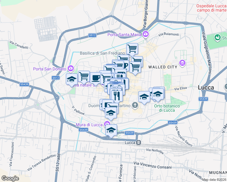 map of restaurants, bars, coffee shops, grocery stores, and more near 18 Via Roma in Lucca