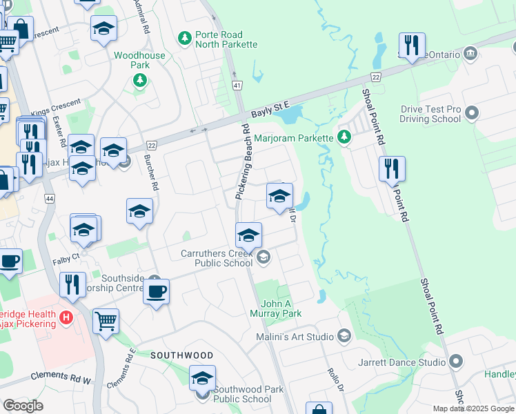 map of restaurants, bars, coffee shops, grocery stores, and more near in Ajax