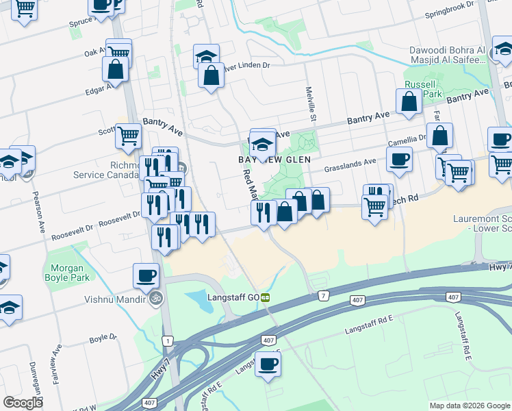map of restaurants, bars, coffee shops, grocery stores, and more near 11 Oneida Crescent in Richmond Hill