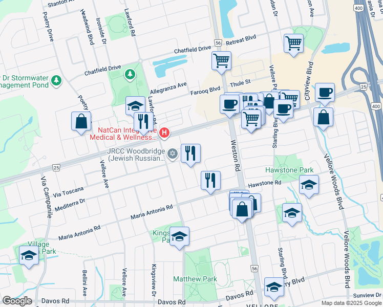 map of restaurants, bars, coffee shops, grocery stores, and more near 49 Foxbridge Way in Vaughan