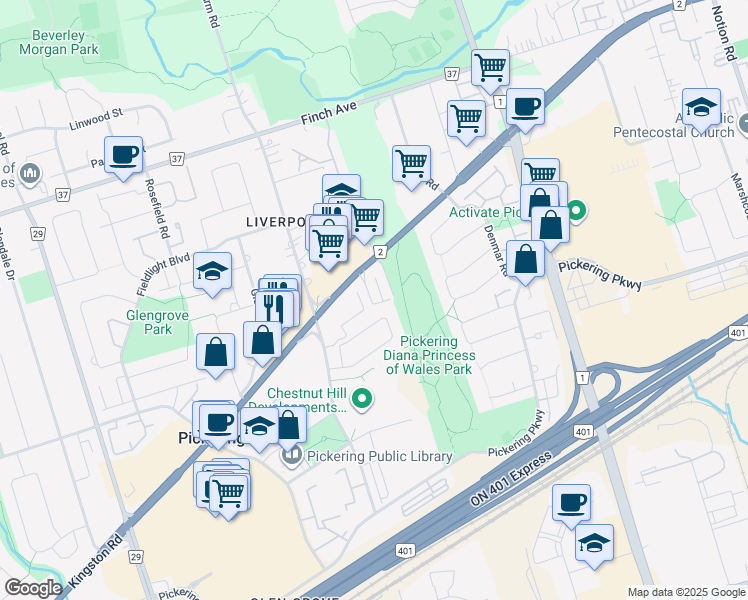 map of restaurants, bars, coffee shops, grocery stores, and more near 1555 Kingston Road in Pickering