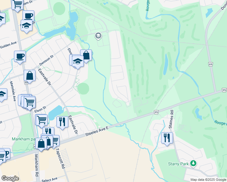 map of restaurants, bars, coffee shops, grocery stores, and more near 539 Kirkham Drive in Markham