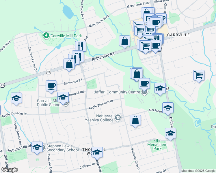 map of restaurants, bars, coffee shops, grocery stores, and more near 62 Hesperus Road in Vaughan