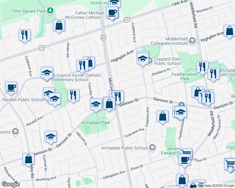 map of restaurants, bars, coffee shops, grocery stores, and more near in Markham