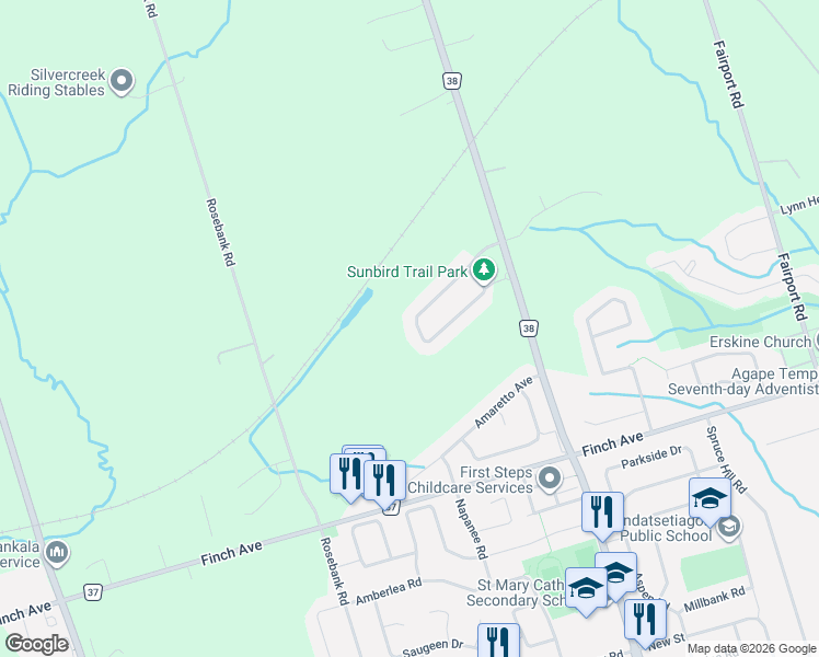 map of restaurants, bars, coffee shops, grocery stores, and more near 707 Sunbird Trail in Pickering